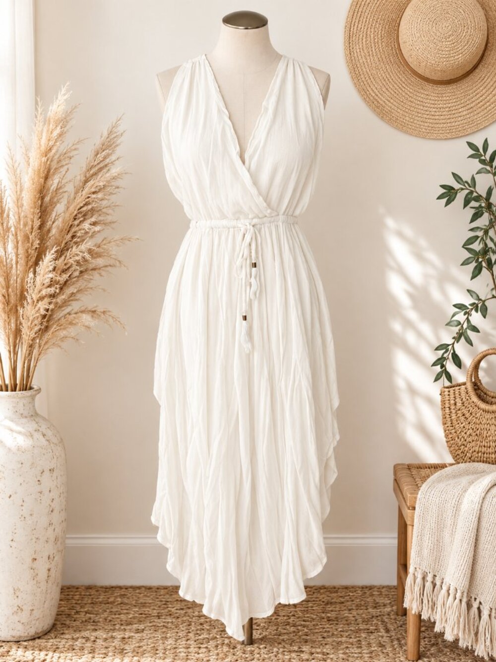 Lulus White Rayon Surplice Midi Dress Drawstring Waist Bridal M